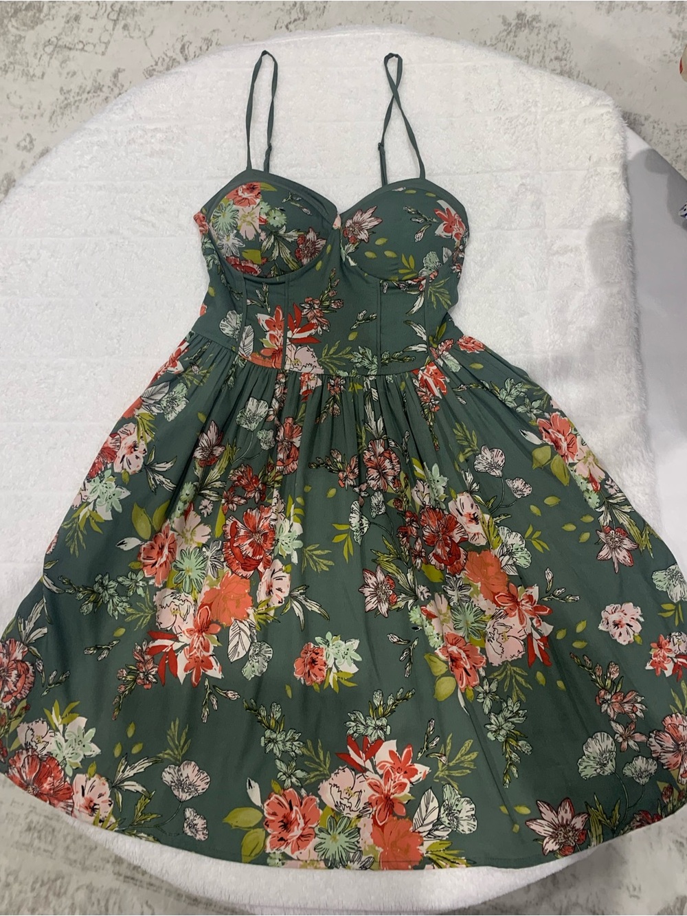 Sage Green Floral Spaghetti-Strap Mini Dress